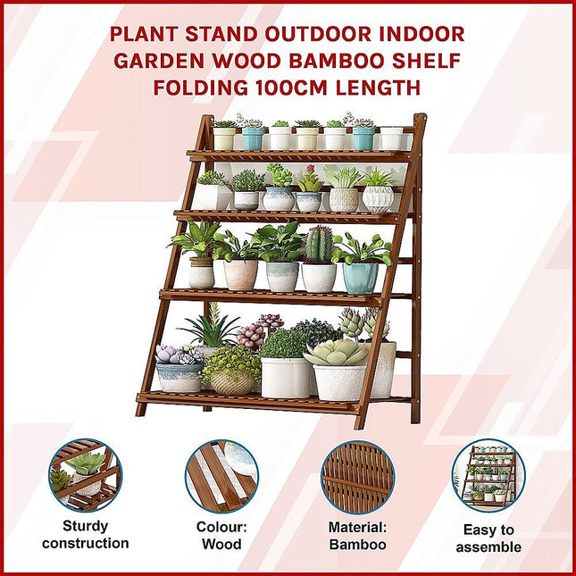 Plant Stand Outdoor Indoor Garden Wood Bamboo Shelf Folding 100CM Length - Petal & Stem