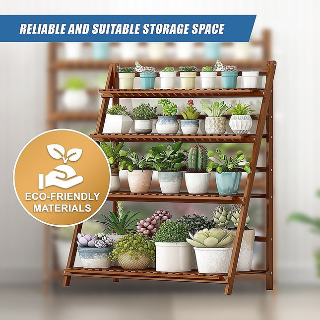 Plant Stand Outdoor Indoor Garden Wood Bamboo Shelf Folding 100CM Length - Petal & Stem
