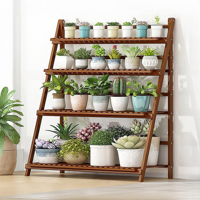 Plant Stand Outdoor Indoor Garden Wood Bamboo Shelf Folding 100CM Length - Petal & Stem