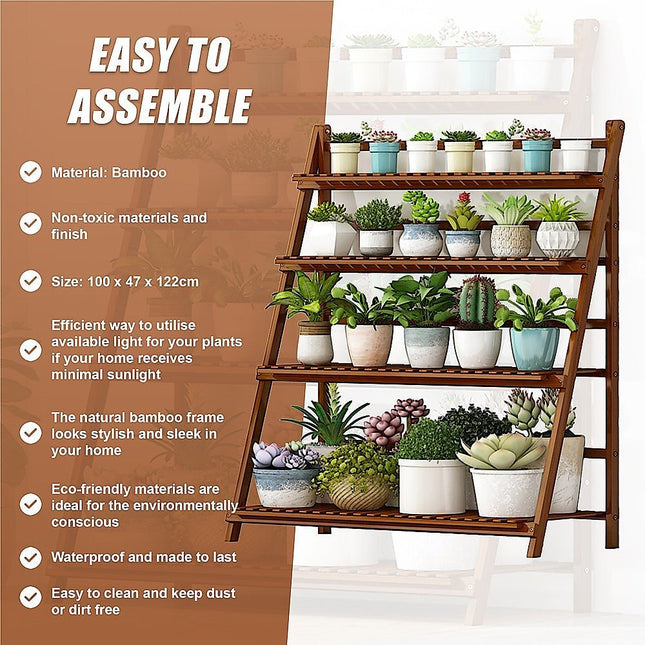 Plant Stand Outdoor Indoor Garden Wood Bamboo Shelf Folding 100CM Length - Petal & Stem