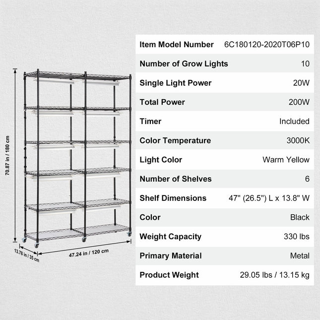 Plant Stand with Grow Light 6 Tiers 200W 59.1" Indoor Plant Grow Shelf - Petal & Stem