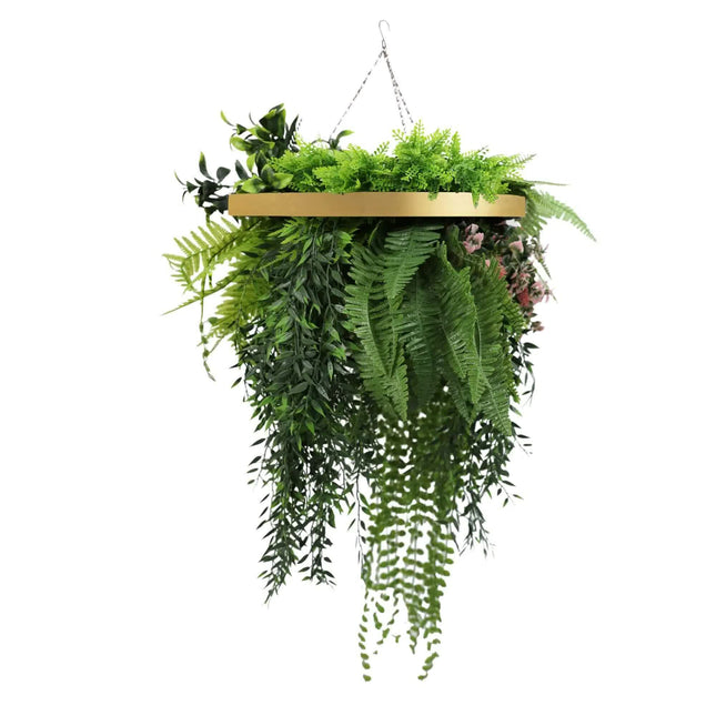 Premium Hanging Artificial Plant Arrangement with Gold Frame 40cm UV Resistant - Petal & Stem