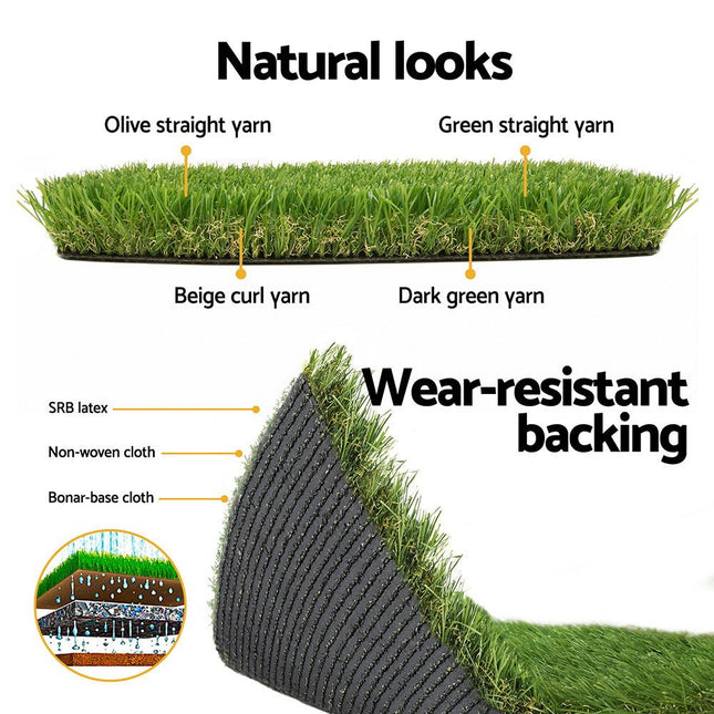Prime Turf Artificial Grass 35mm 2mx5m Synthetic Fake Lawn Turf Plastic Plant 4 coloured - Petal & Stem