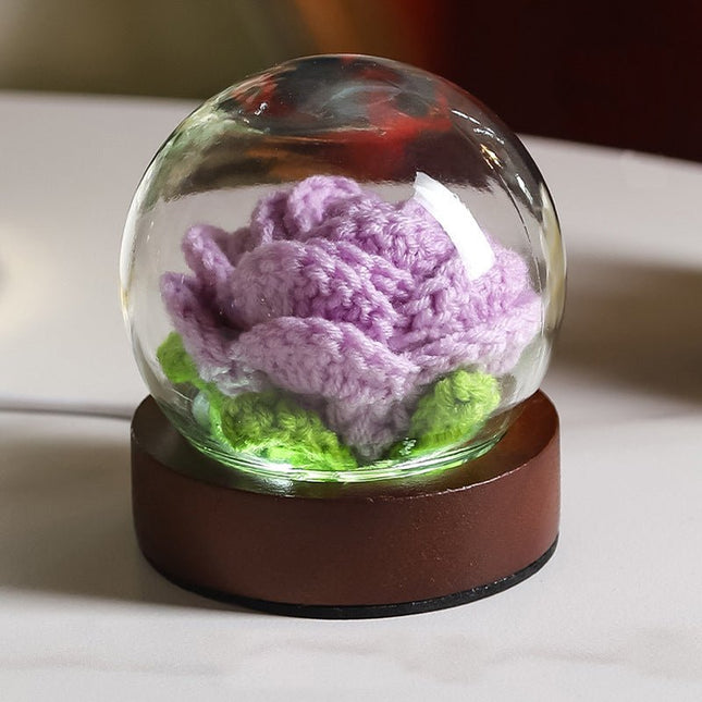 Purple Rose Handcrafted Crochet Flower LED Night Light USB Rechargeable Glass Dome Lamp with Wood Base, 3 Colour Modes - Petal & Stem