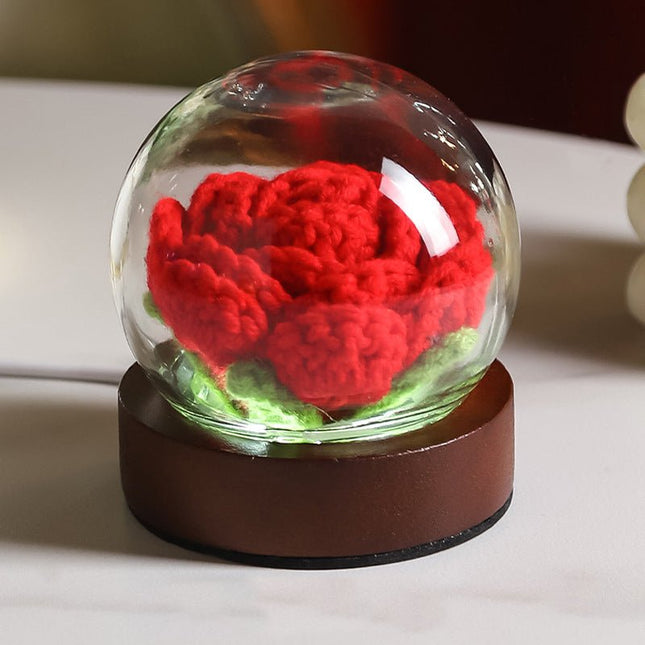 Red Rose Handcrafted Crochet Flower LED Night Light USB Rechargeable Glass Dome Lamp with Wood Base, 3 Colour Modes - Petal & Stem