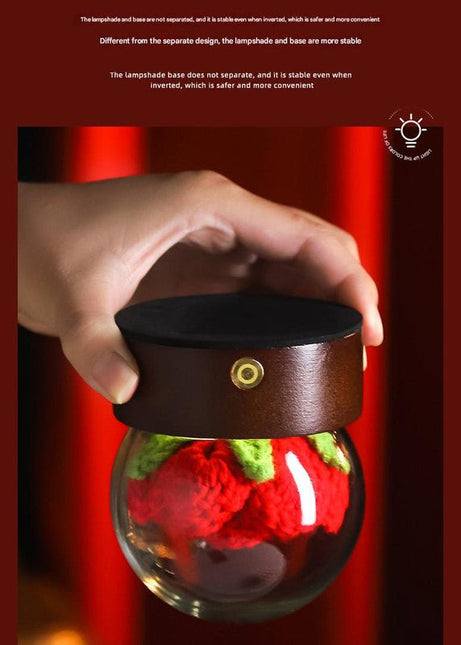 Red Rose Handcrafted Crochet Flower LED Night Light USB Rechargeable Glass Dome Lamp with Wood Base, 3 Colour Modes - Petal & Stem