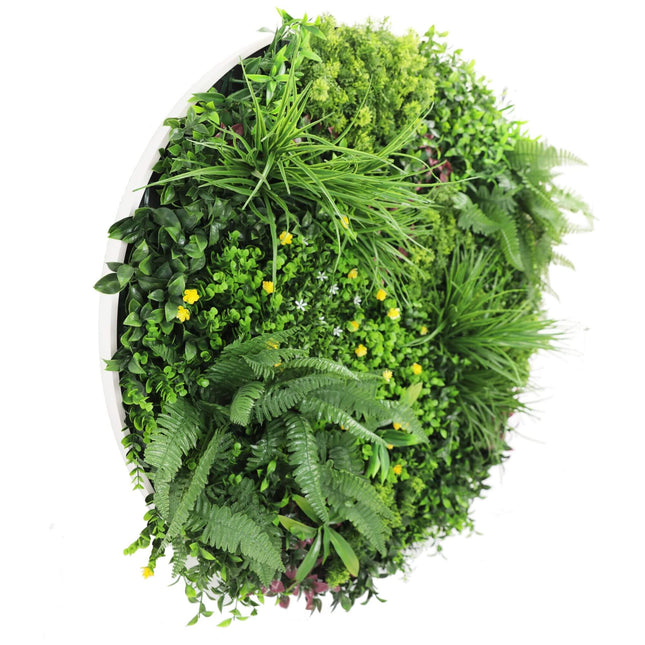 Slimline Artificial Green Wall Disc Art 100cm Country Fern UV Resistant (White) - Petal & Stem