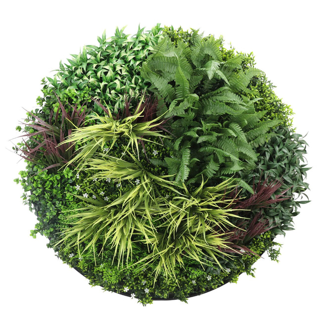 Slimline Artificial Green Wall Disc Art 100cm Grassy Fern UV Resistant (Black) - Petal & Stem