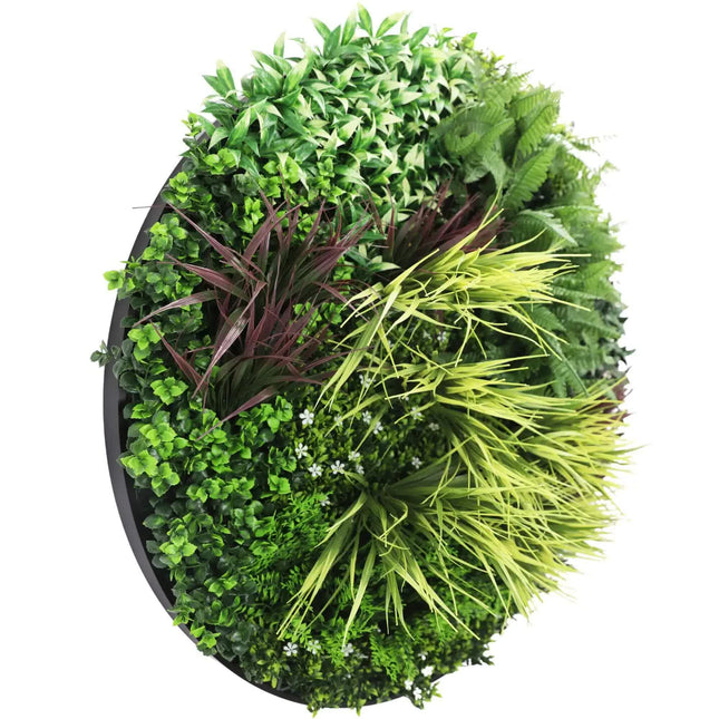 Slimline Artificial Green Wall Disc Art 100cm Grassy Fern UV Resistant (Black) - Petal & Stem