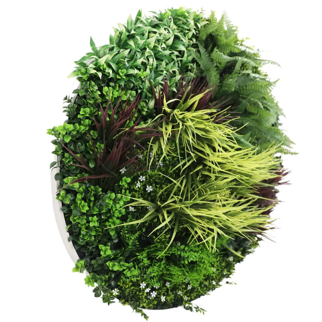 Slimline Artificial Green Wall Disc Art 100cm Grassy Fern UV Resistant (White) - Petal & Stem