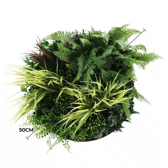 Slimline Artificial Green Wall Disc Art 50cm Grassy Fern Fields UV Resistant (Black) - Petal & Stem