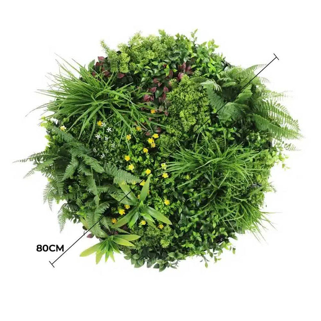 Slimline Artificial Green Wall Disc Art 80cm Country Fern UV Resistant (Black) - Petal & Stem
