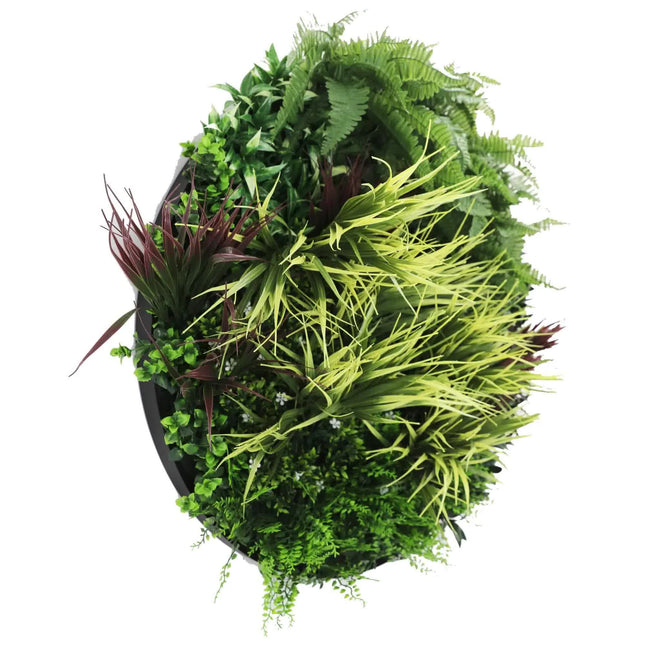Slimline Artificial Green Wall Disc Art 80cm Grassy Fern UV Resistant (Black) - Petal & Stem