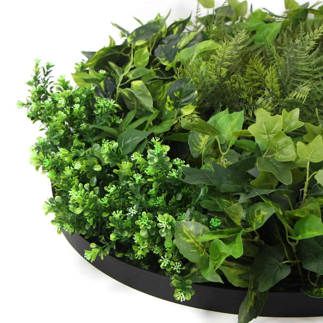 Slimline Artificial Green Wall Disc Art 80cm Mixed Green Fern & Ivy (Modern Black) - Petal & Stem