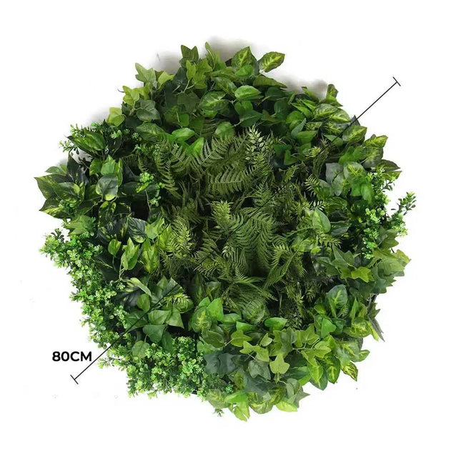 Slimline Artificial Green Wall Disc Art 80cm Mixed Green Fern & Ivy (Modern Black) - Petal & Stem