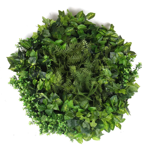 Slimline Artificial Green Wall Disc Art 80cm Mixed Green Fern & Ivy (Modern Black) - Petal & Stem
