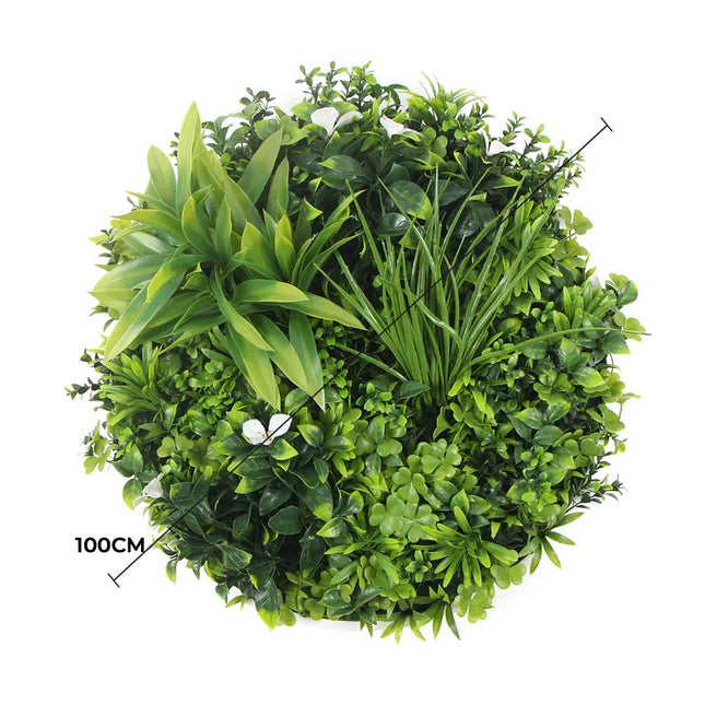 Slimline Flowering White Artificial Green Wall Disc UV Resistant 100cm (White Frame) - Petal & Stem