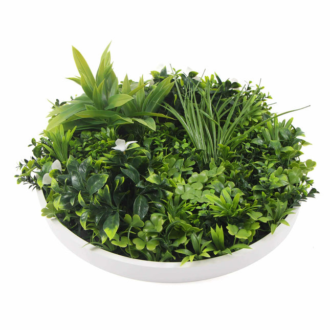 Slimline Flowering White Artificial Green Wall Disc UV Resistant 100cm (White Frame) - Petal & Stem