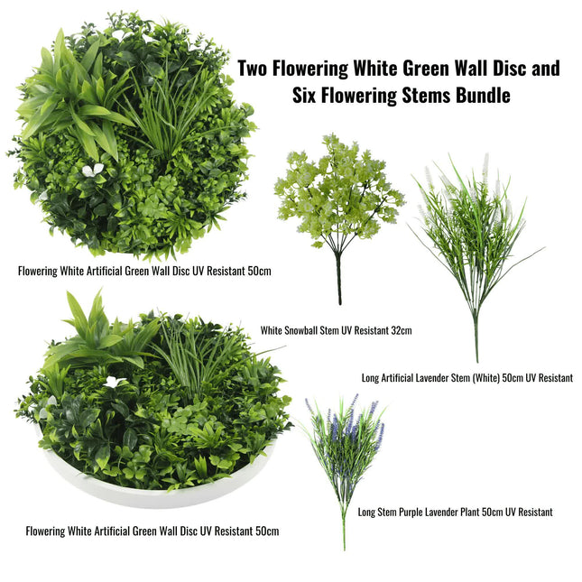 Two Flowering White Green Wall 50cm Discs and Six Flowering Stems Bundle - Petal & Stem