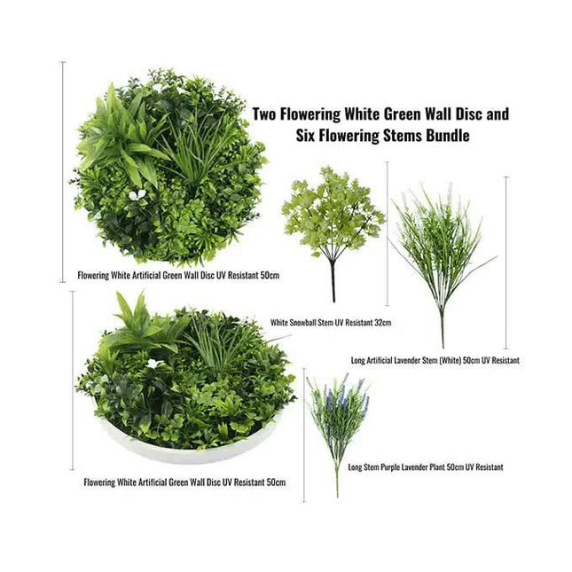 Two Flowering White Green Wall 50cm Discs and Six Flowering Stems Bundle - Petal & Stem