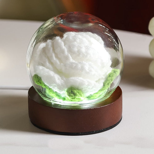 White Rose Handcrafted Crochet Flower LED Night Light USB Rechargeable Glass Dome Lamp with Wood Base, 3 Colour Modes - Petal & Stem
