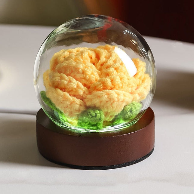 Yellow Rose Handcrafted Crochet Flower LED Night Light USB Rechargeable Glass Dome Lamp with Wood Base, 3 Colour Modes - Petal & Stem